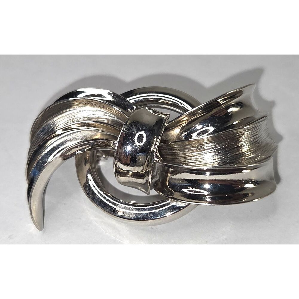 Vintage Silver Tone Brushed Polished Ribbon Bow Brooch